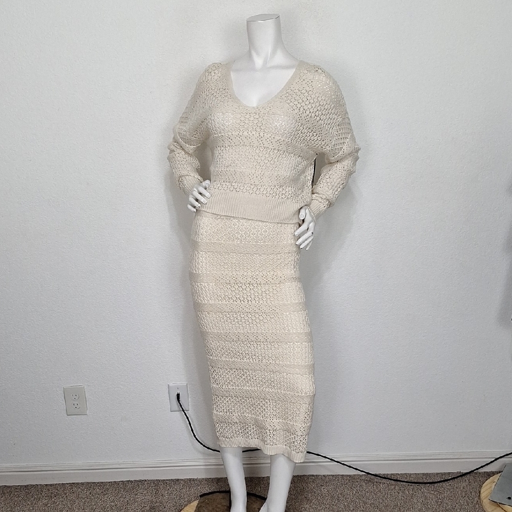 Freshman 1996 NEW Cream Bohemian Hippie Knit Crochet Sweater & Skirt Set Size M